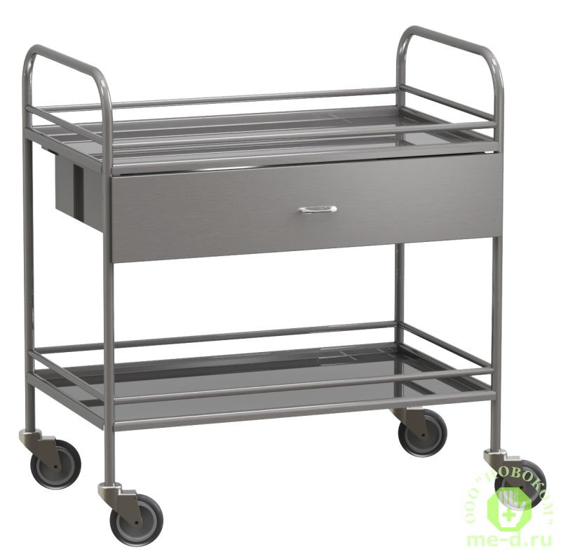 Столик манипуляционный передвижной из нержавеющей стали с бортиками с двумя полками и выдвижным ящиком (имп.колеса) МСК-5549-01